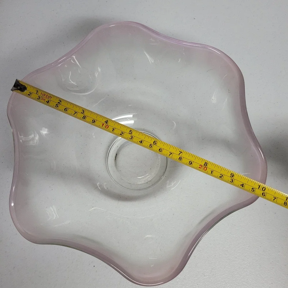 Vintage Hand Blown Clear Glass Ruffle Bowl with Pink Rim Edge 10 Inch